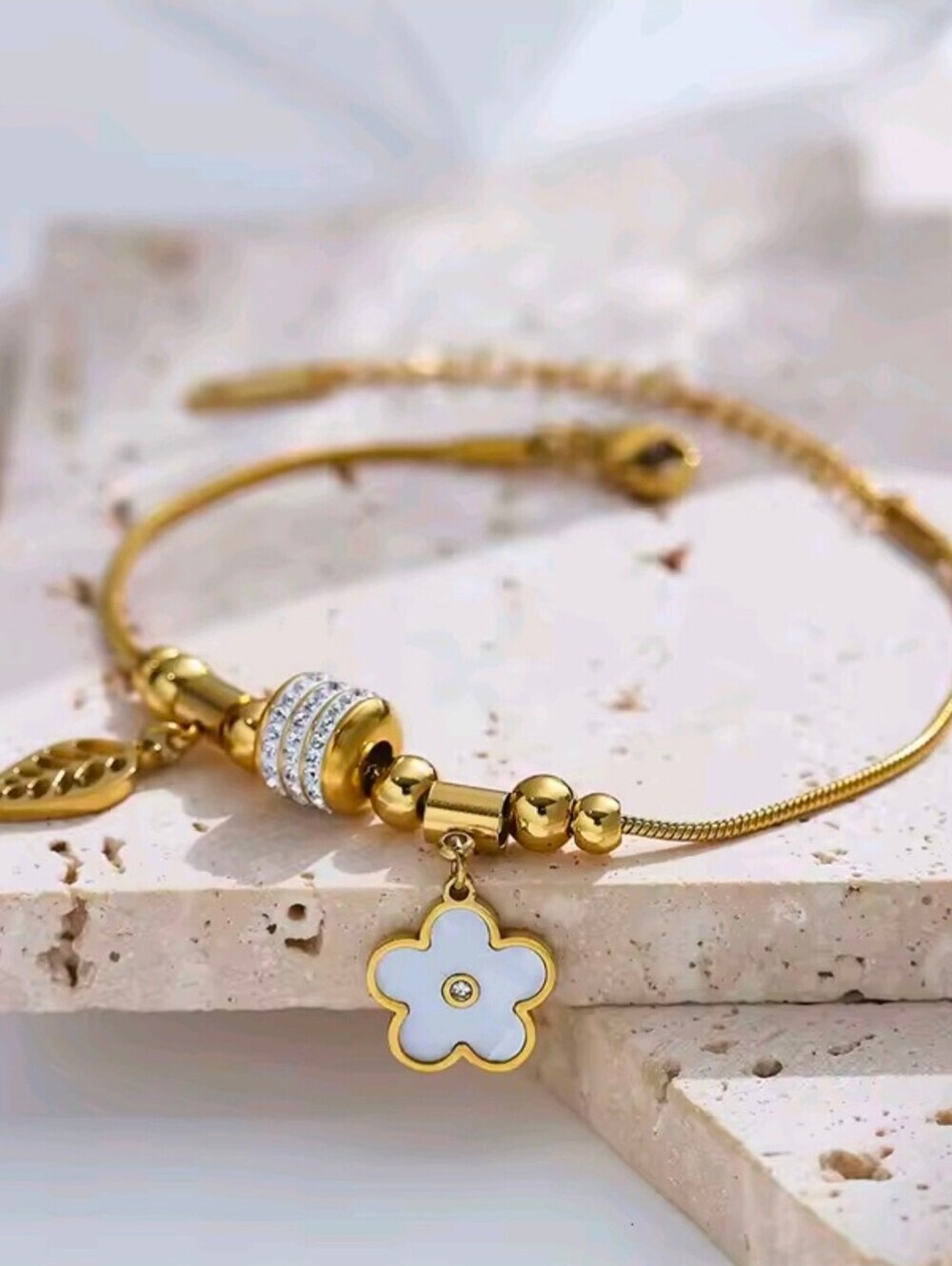 Gold Bracelet with White Floral Enamel Charm